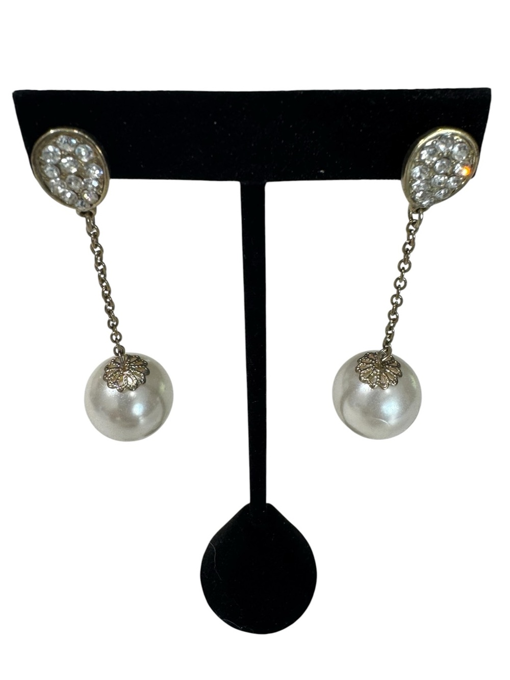 Gold Tone Pave Crystal Stud & Large Faux Pearl Drop Dangle Earrings